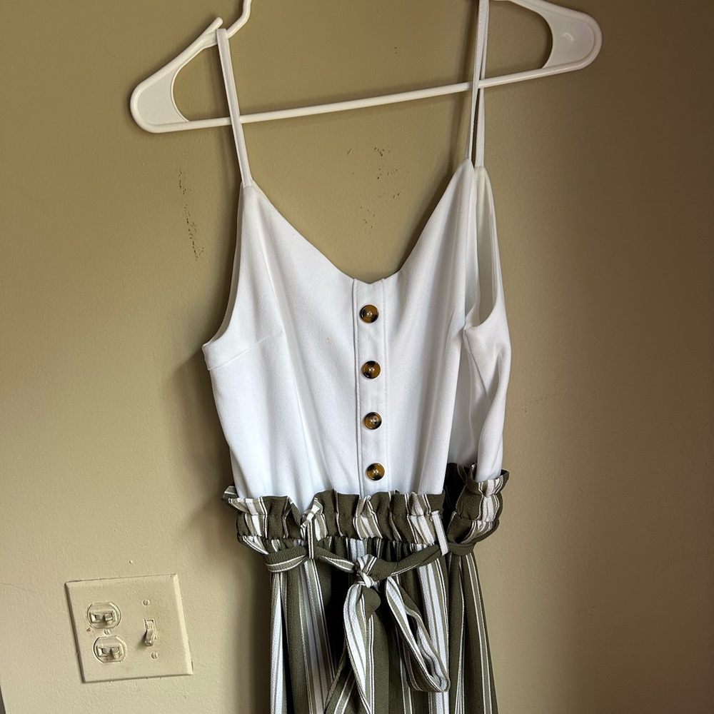 White and Green Striped Button-Down Dress